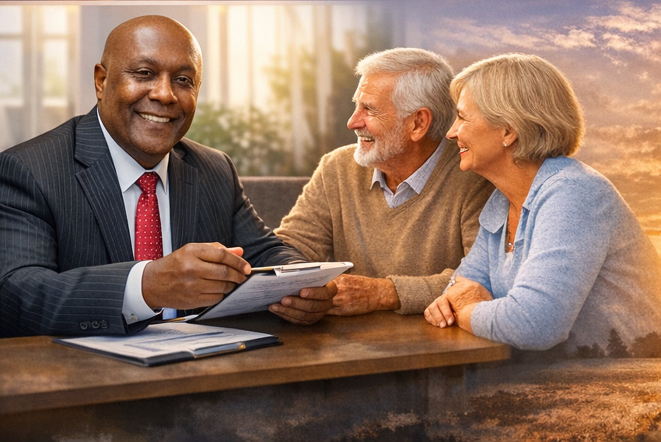 Guy Jean reviewing coverage options at a table with a retired couple